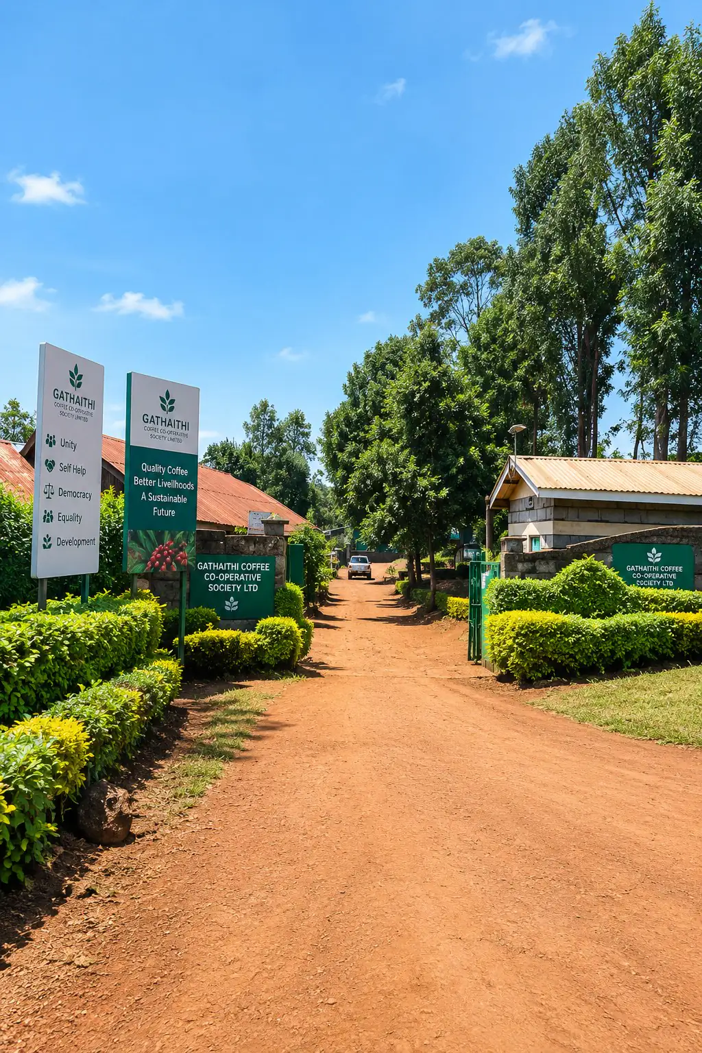 The entrance to Gathaithi Coffee Co-operative Society, its name board and co-operative values board beside the track up to the mill.