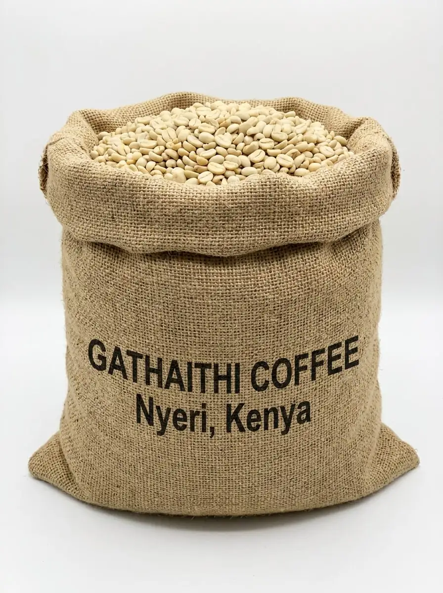 A jute sack of milled green Gathaithi coffee, stencilled “Gathaithi Coffee, Nyeri, Kenya”.