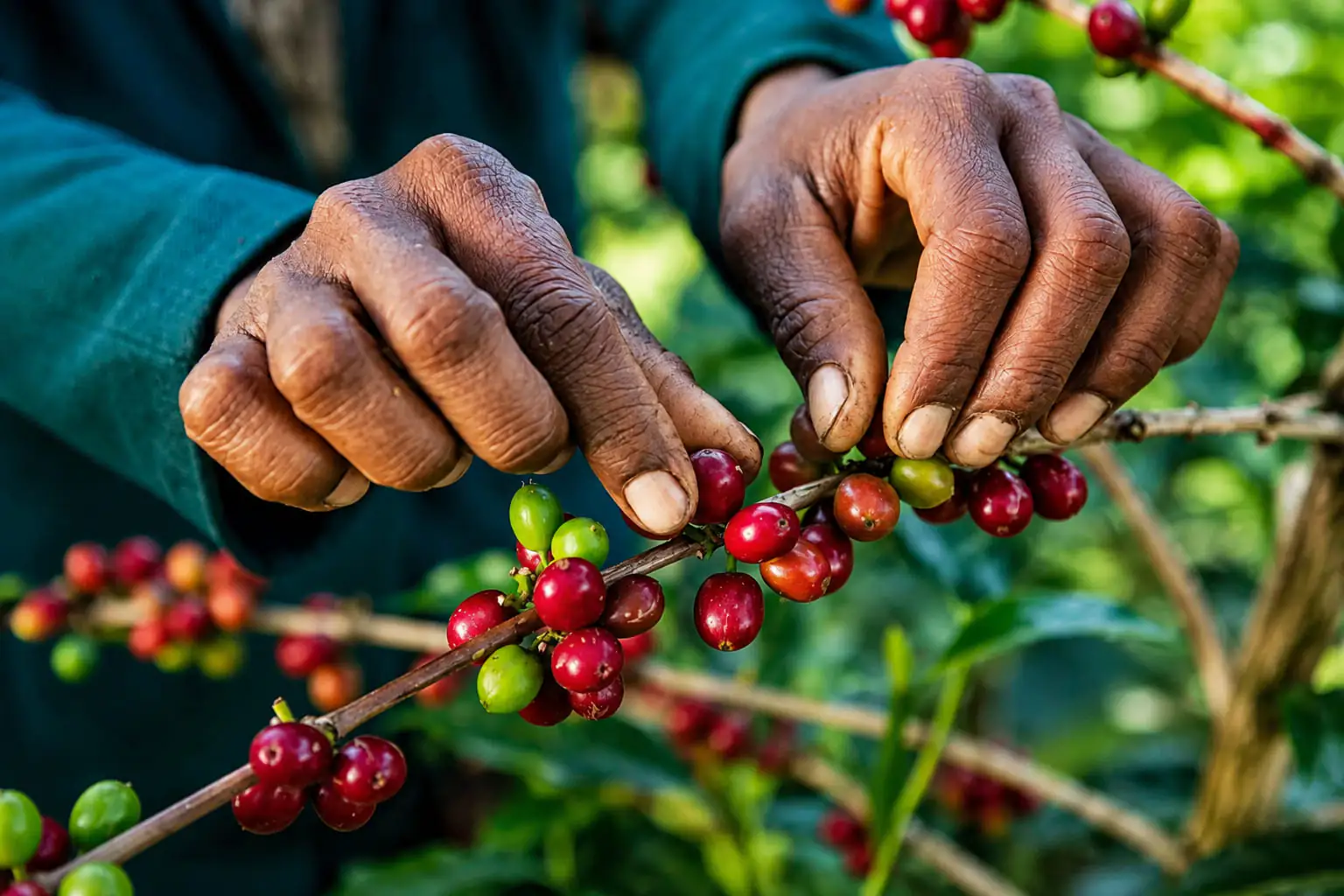 A picker’s hands taking ripe red cherry from the branch, leaving the green fruit behind.