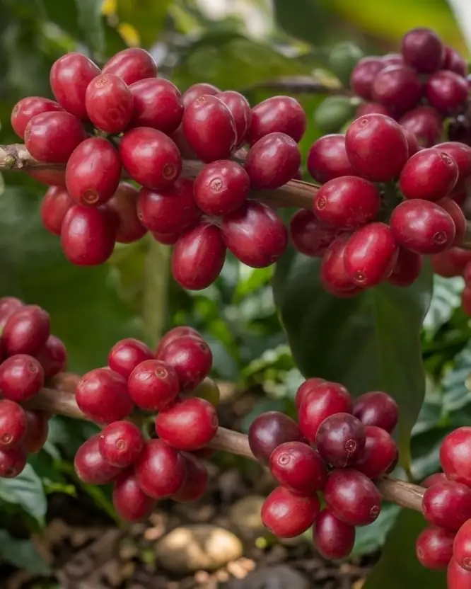 Clusters of ripe red coffee cherry on the branch at Gathaithi, green leaves behind.