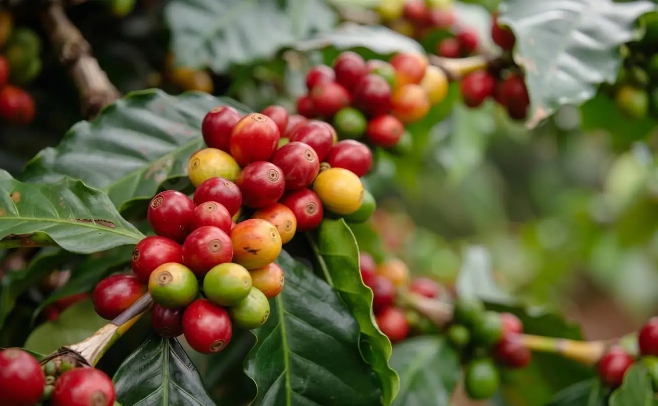 A cluster of ripening coffee cherry, red, orange and green, among the leaves.