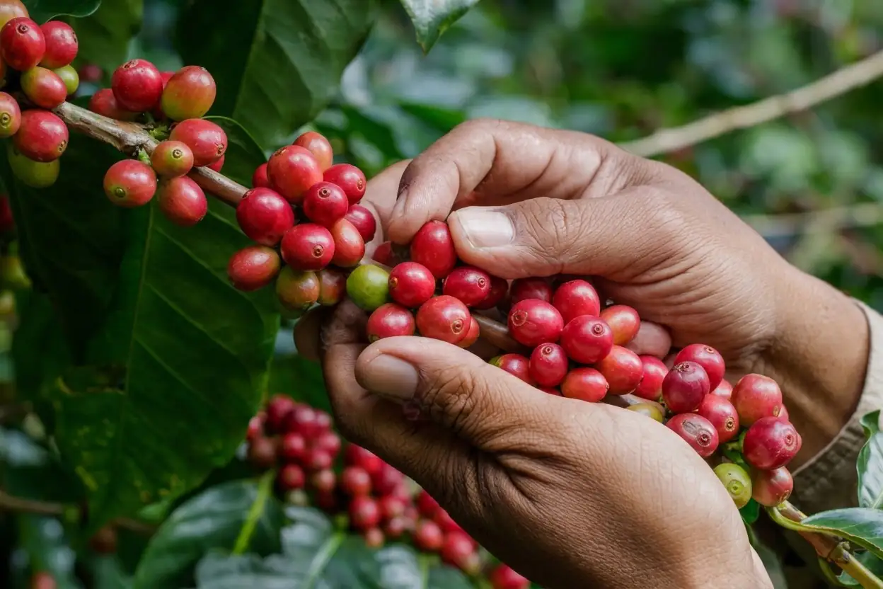 Hands cupping a cluster of ripe red coffee cherry on the branch.