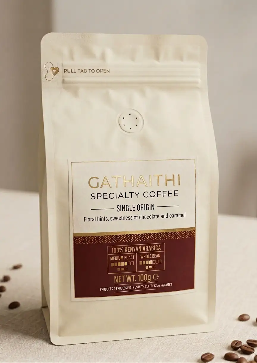 A 100 g pack of Gathaithi Specialty Coffee, single origin, medium roast, ground, standing on a linen tabletop with a few roasted beans.