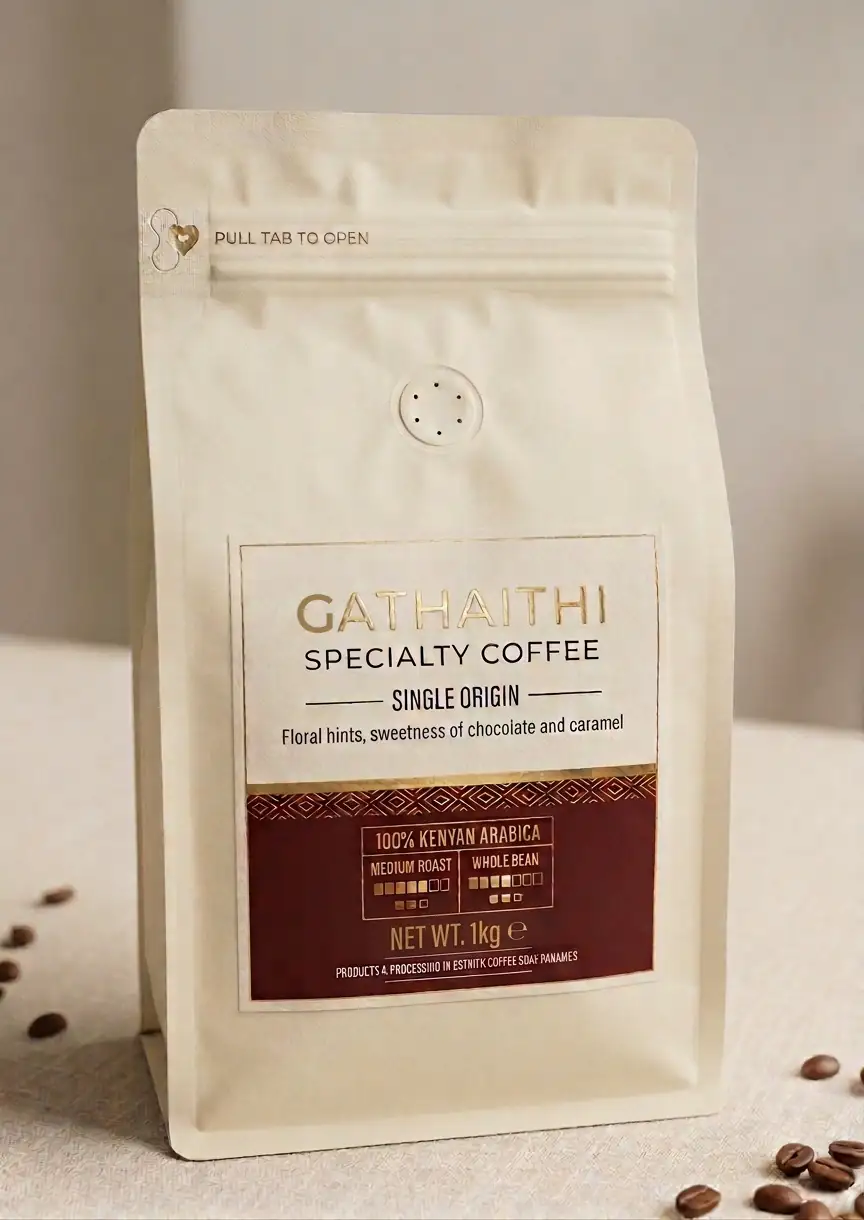 A 1 kg pack of Gathaithi Specialty Coffee, single origin, medium roast, ground, standing on a linen tabletop with a few roasted beans.