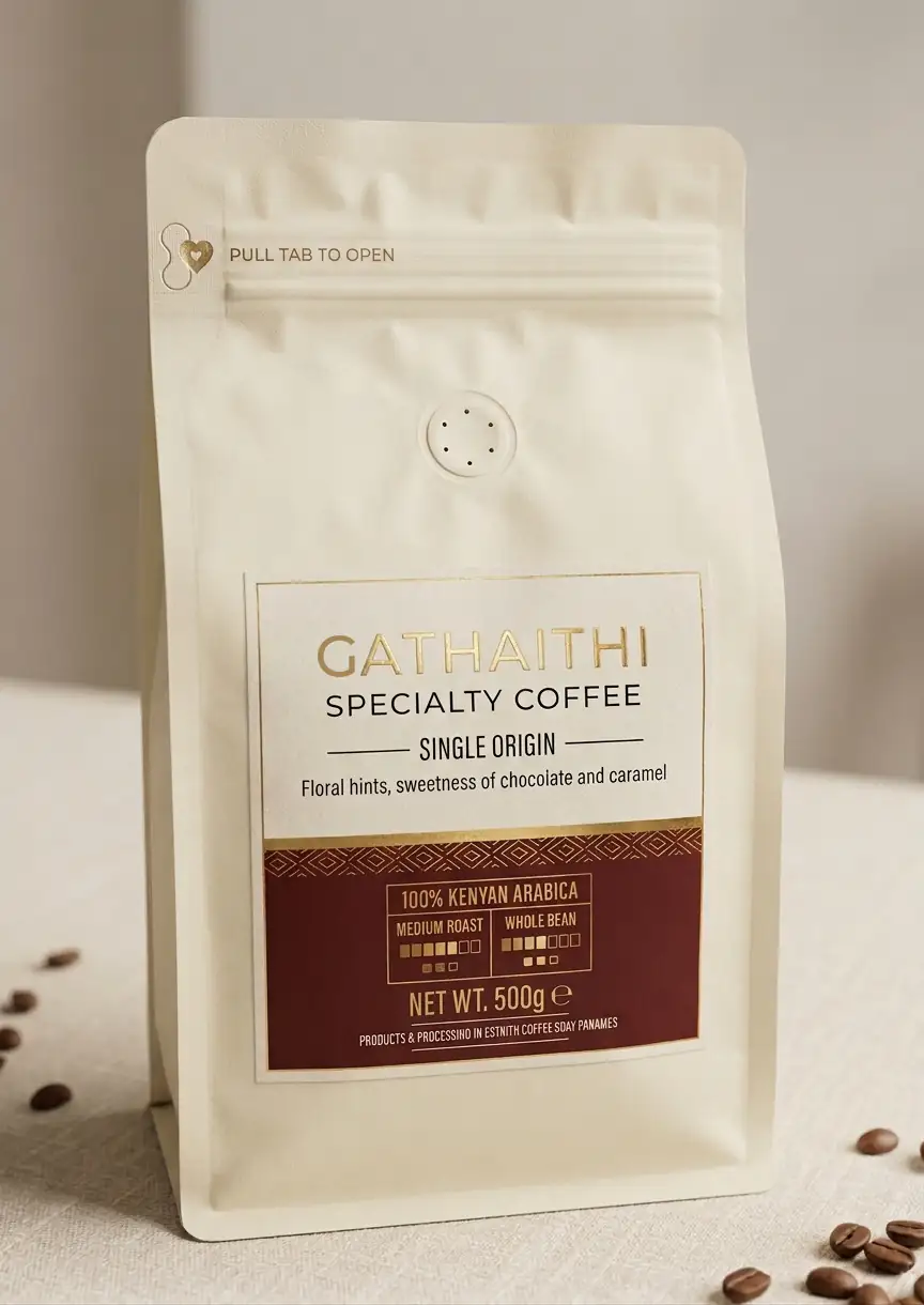 A 500 g pack of Gathaithi Specialty Coffee, single origin, medium roast, ground, standing on a linen tabletop with a few roasted beans.