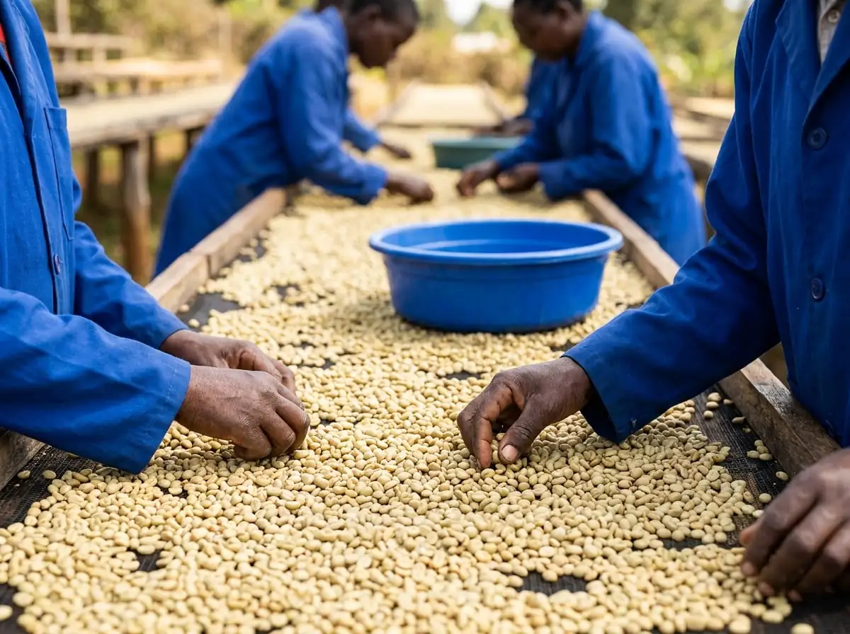 Workers hand-sorting defects out of parchment on a raised drying bed at Gathaithi, a basin beside them for the rejects.